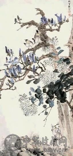 程璋 花猫小鸟 立轴 设色纸本