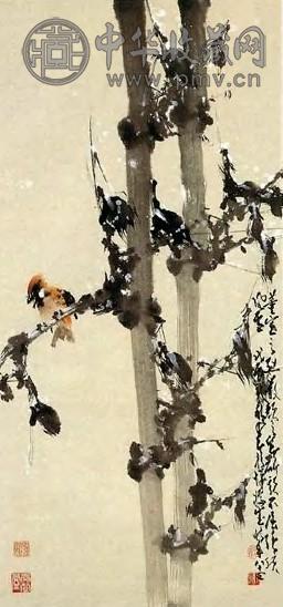 当代 赵少昂 雪竹麻雀 镜心