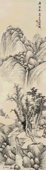 任预 庚子(1900年)作 春山观瀑 屏条 水墨纸本