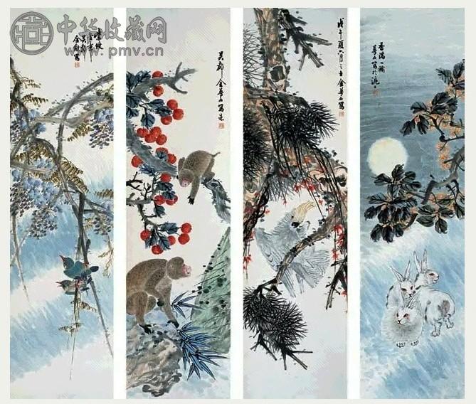 金梦石 花鸟动物 四屏 屏 设色纸本