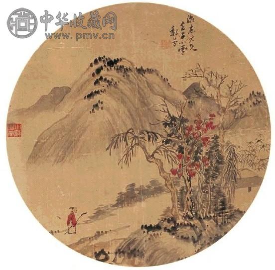 黎简 壬子(1792年)作 山水圆光 镜心 设色绢本