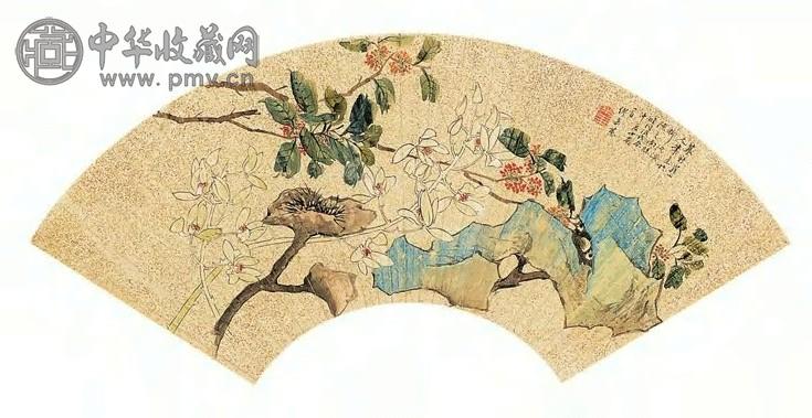 缪嘉蕙 1868年作 花卉 扇面 设色金笺本