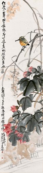 王震 1922年作 芙蓉水鸟 立轴 设色纸本