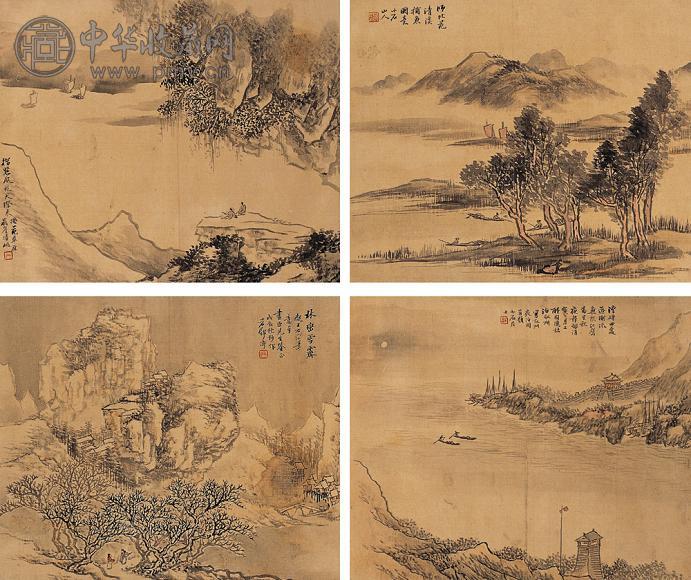邓涛 戊辰(1868年)作 山水 四屏 设色纸本