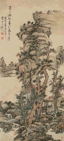 蓝瑛 仿王蒙山水 立轴 设色纸本