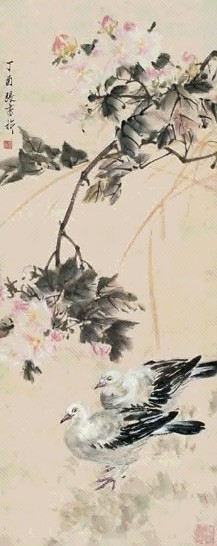 张书旂 丁酉(1957年)作 双鸽 立轴 设色纸本