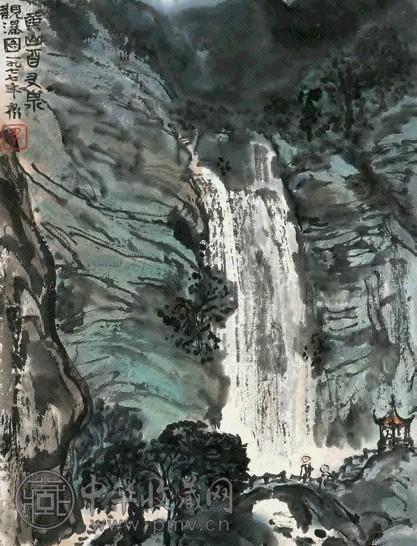 方济众 1977年作 黄山百丈泉观瀑图 镜心 设色纸本