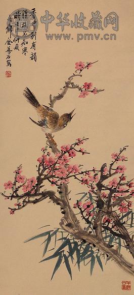 金梦石花鸟立轴