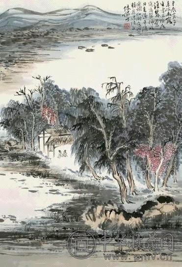 陆俨少 1964年作 秋林闲话 立轴 设色纸本