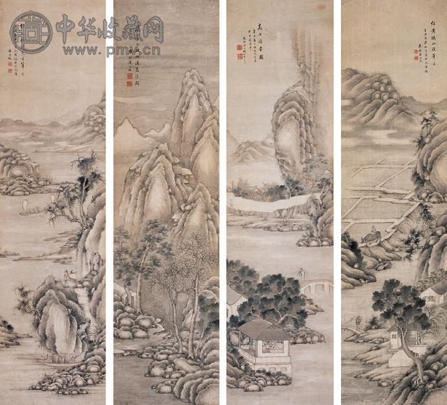 潘思牧 咸丰十一年(1861)年作 山水 四屏 设色纸本