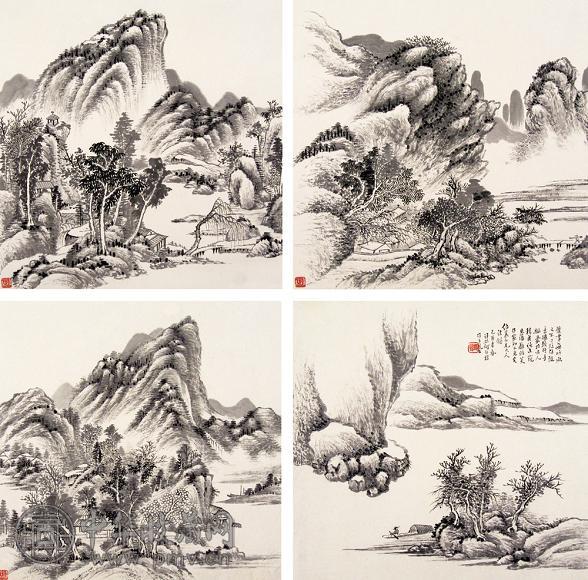 何维朴 己酉(1909年)作 山水 册页(8开选4) 水墨纸本