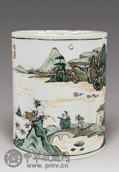 清康熙五彩山水诗文笔筒收藏资讯|艺术家|书画家|书画名人|书法家-中华