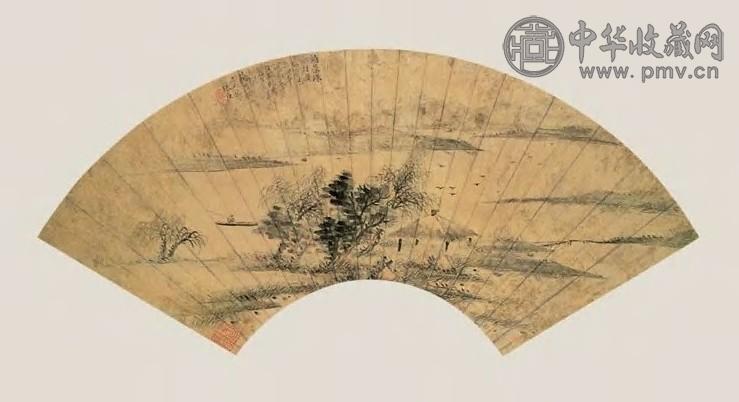 张庚 山水 扇面 金笺
