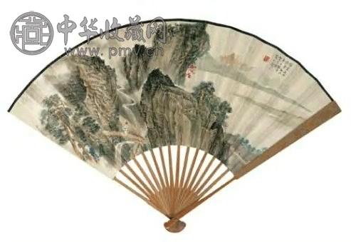 贺天健 1941年作 秋山赏瀑 成扇 设色纸本