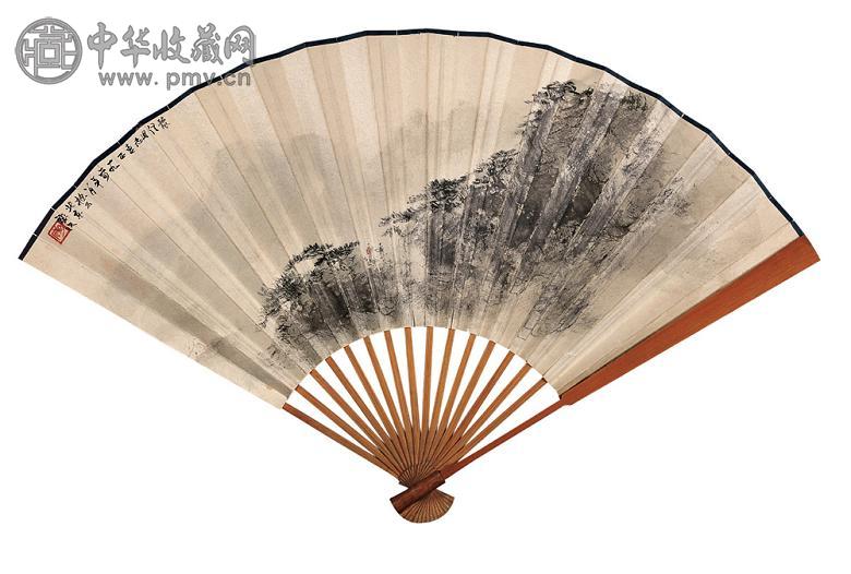 傅抱石 1964年作 观山图 成扇 设色纸本