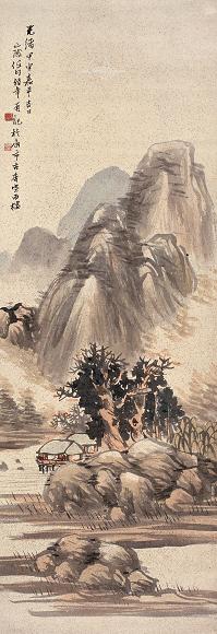 任伯年 甲申(1884年)作 青山茅屋图 轴 设色洒金纸本