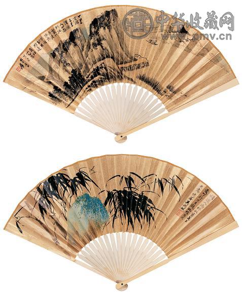 张大千 吴湖帆 1945年作 山水 风竹 成扇 设色纸本