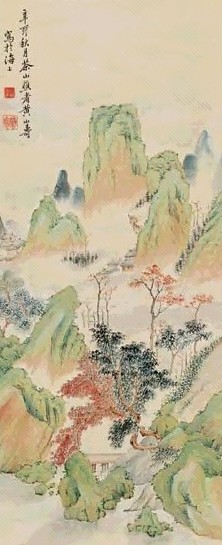 黄山寿 辛卯(1891年)作 青绿山水 立轴 设色纸本