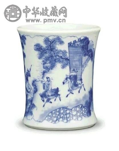 清 康熙 青花人物笔筒