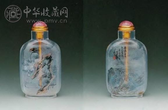 清末 周乐元内画水晶山水博古图鼻烟壶