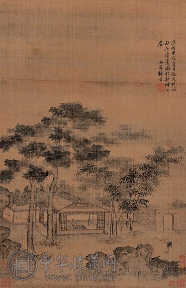 杨晋 康熙甲戌(1694年)作 秋夜读书图 立轴 设色绢本