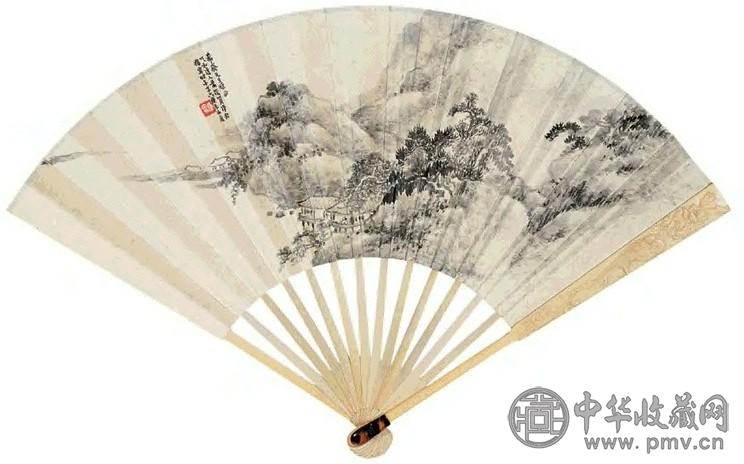 萧俊贤 松阁觅句 成扇 水墨纸本