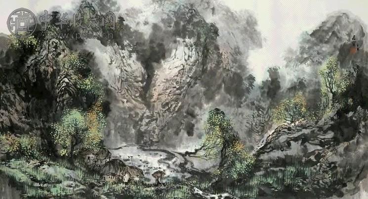 王维宝 春山茅寨 镜心 设色纸本