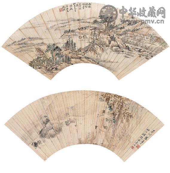 沈塘 倪田 山水(2件) 扇面 纸本
