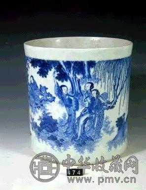 明末 青花人物笔筒