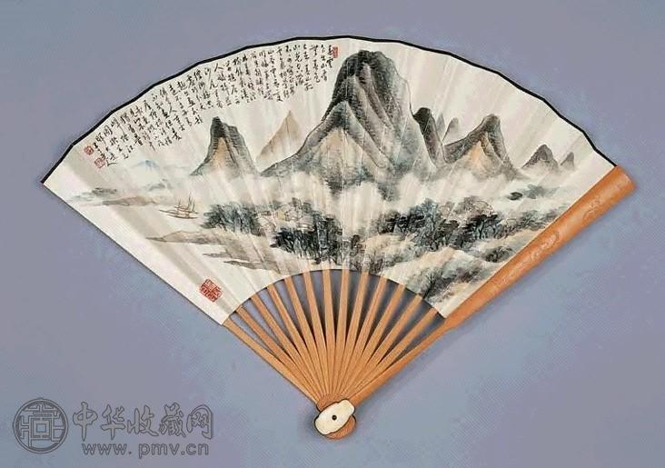 陈半丁 1942年作 叠嶂烟江图 扇面 设色纸本