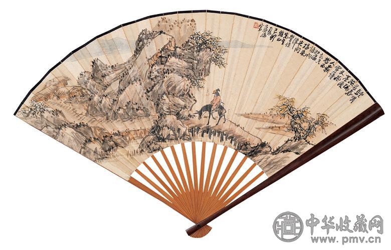 高峻 1939年作 驴背寻诗图 成扇 设色纸本