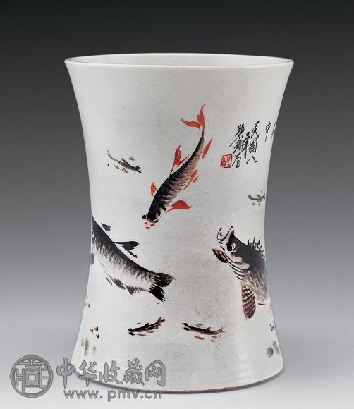 民国 邓碧珊鱼藻笔筒