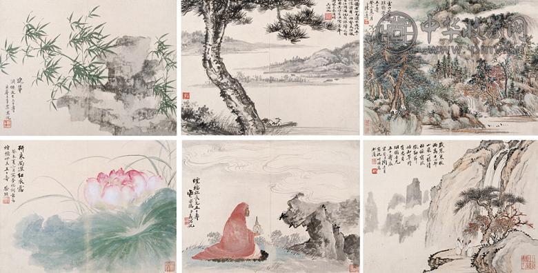 吴湖帆 王季迁 王个簃等 癸未(1943年)作 海上名家集锦册 册页(18开选6) 设色纸本