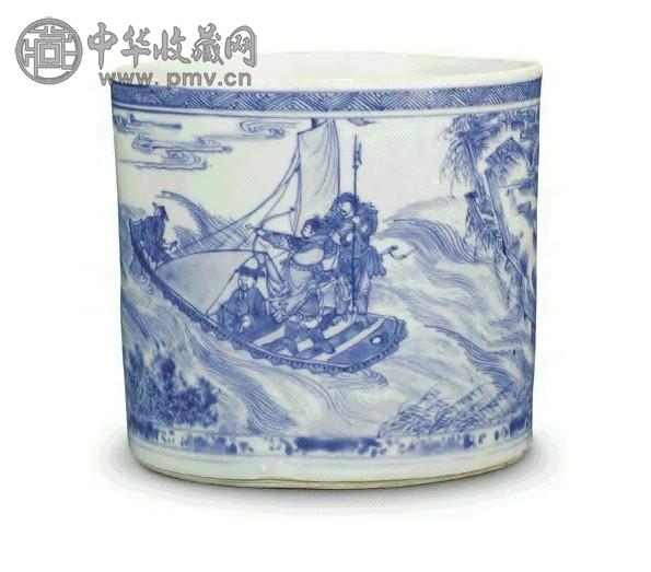 清 康熙 青花人物笔筒