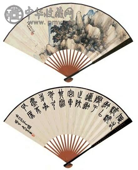 冯飞 来楚生 高崖飞鸿图 石鼓文临宋拓本 成扇 设色纸本