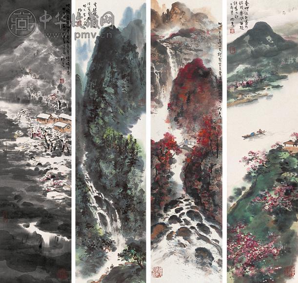 杨彦 2004年作 山水 四屏 设色纸本