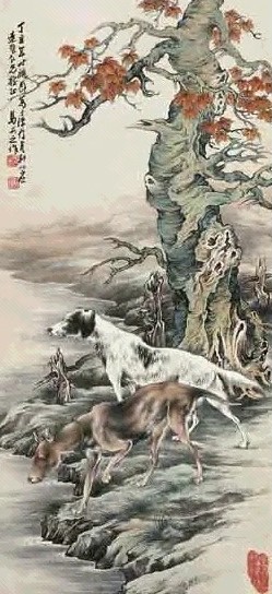 马戒之 丁亥(年)作 双犬图 立轴 设色纸本