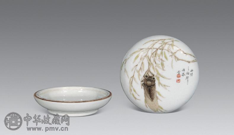 民国 刘雨岑粉彩柳蝉印盒