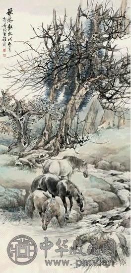 程璋 戊辰(1928年)作 秋林散牧图 立轴 设色纸本