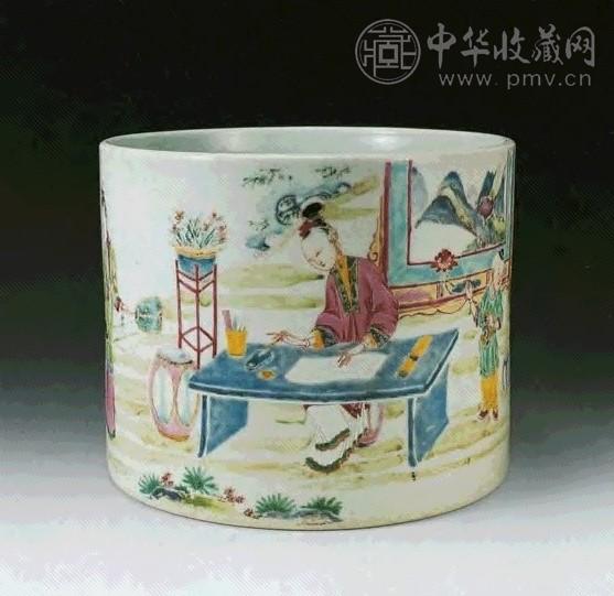 清雍正 粉彩人物笔筒