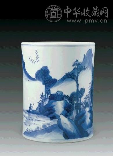 清康熙 青花山水人物笔筒