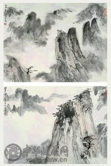 亚明 1990年、1991年作 黄山双笋峰 镜心 二帧 设色纸本