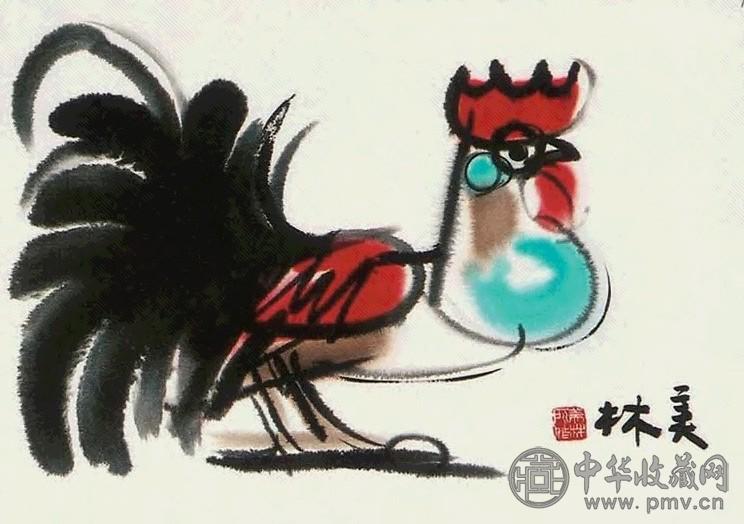 韩美林 鸡 镜心 纸本