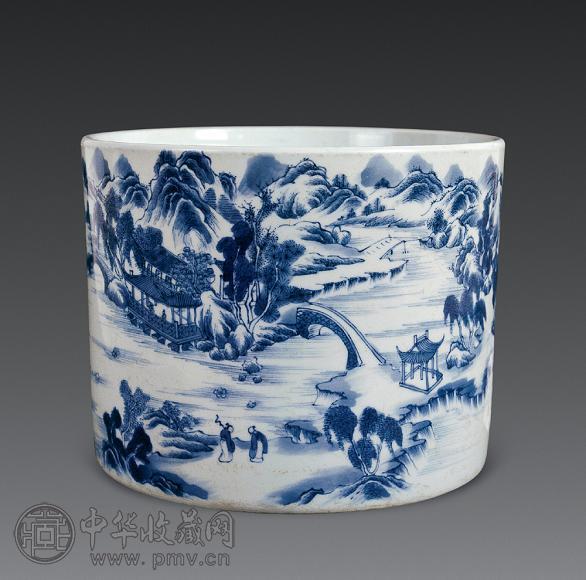 清雍正 青花洞庭扬帆山水笔筒