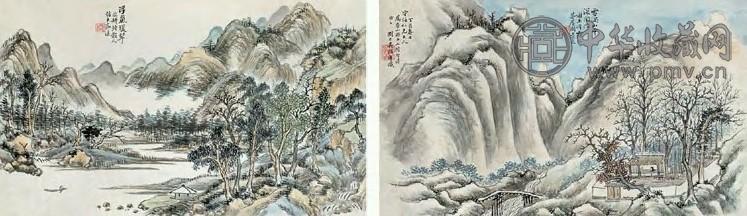 吴桢 丁酉(1897年)作 山水 册页(12开) 设色纸本