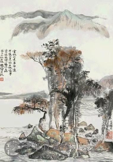 程十发 1989年 仿倪云林笔意 立轴 设色纸本