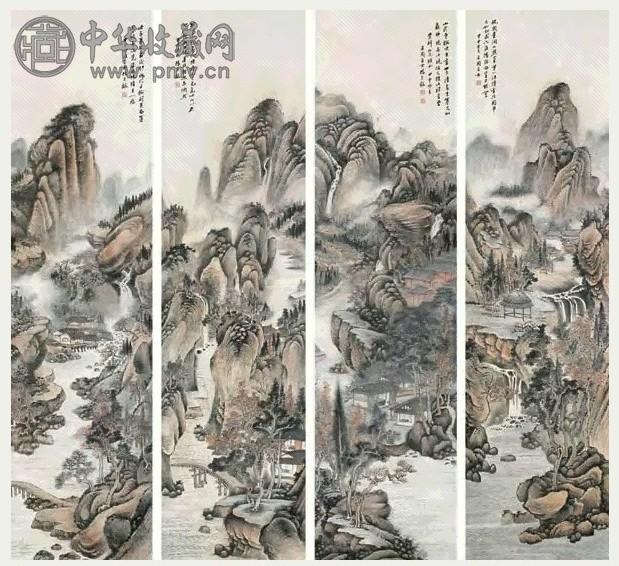 张石园 1944年作 山水 四屏 设色纸本