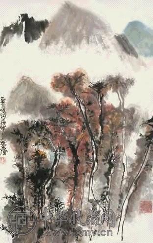 程十发 1985年作 青山红树图 立轴 设色纸本