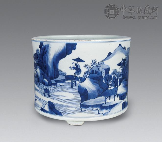 旧家蔵出『清 青花錦地開窗粉彩山水人物物語図筆筒 康熙