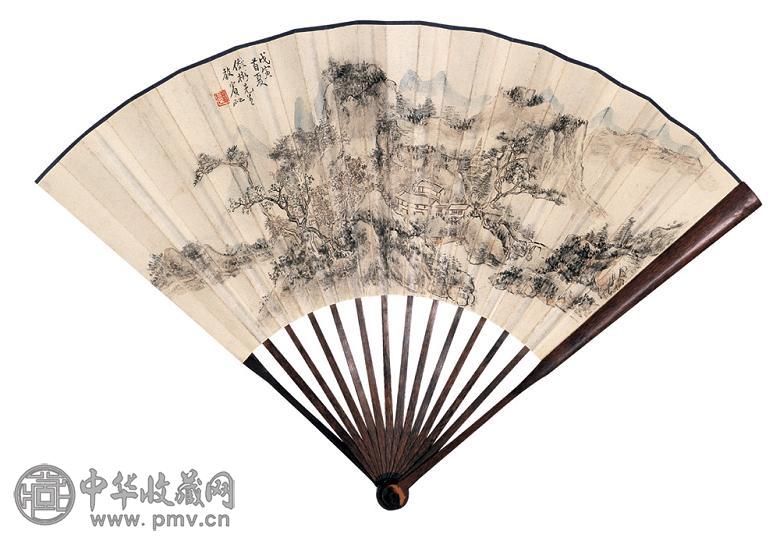黄宾虹 戊寅(1938年)作 深山兰若图 成扇 设色纸本